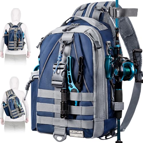 Ghosthorn Fishing Backpack Tackle Sling BagBackpack with Rod Holder Lightweight Tackle Box Fly Fishing Gifts for Men Women Blue - Image 1