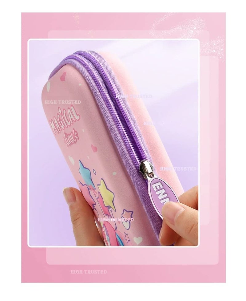 HIGH TRUSTED Polyester Large Capacity 3D Unicorn Cover Pencil Compass With Compartments, School Supply Organizer For Student, Stationery Box, Cosmetic Zip Pouch Bag - Pink - Image 4