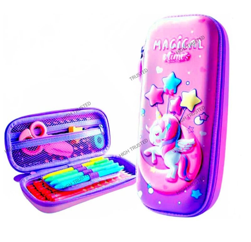 HIGH TRUSTED Polyester Large Capacity 3D Unicorn Cover Pencil Compass With Compartments, School Supply Organizer For Student, Stationery Box, Cosmetic Zip Pouch Bag - Pink - Image 1