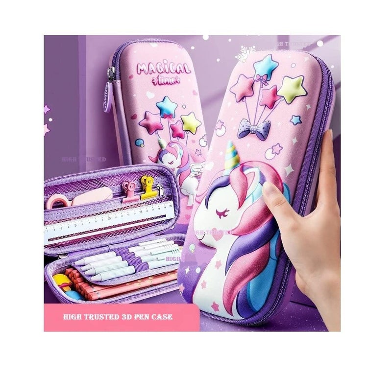 HIGH TRUSTED Polyester Large Capacity 3D Unicorn Cover Pencil Compass With Compartments, School Supply Organizer For Student, Stationery Box, Cosmetic Zip Pouch Bag - Pink - Image 3