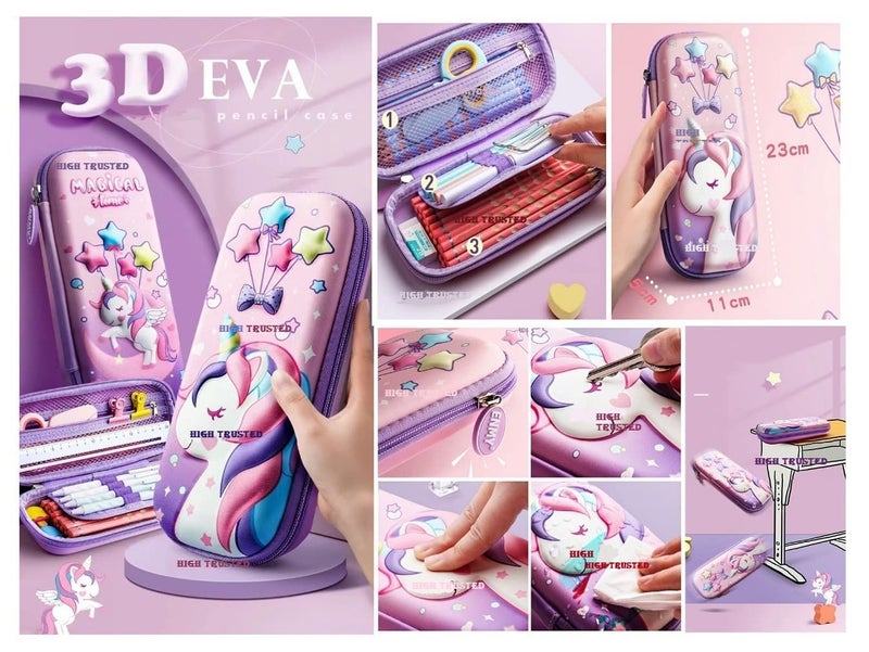 HIGH TRUSTED Polyester Large Capacity 3D Unicorn Cover Pencil Compass With Compartments, School Supply Organizer For Student, Stationery Box, Cosmetic Zip Pouch Bag - Pink - Image 5