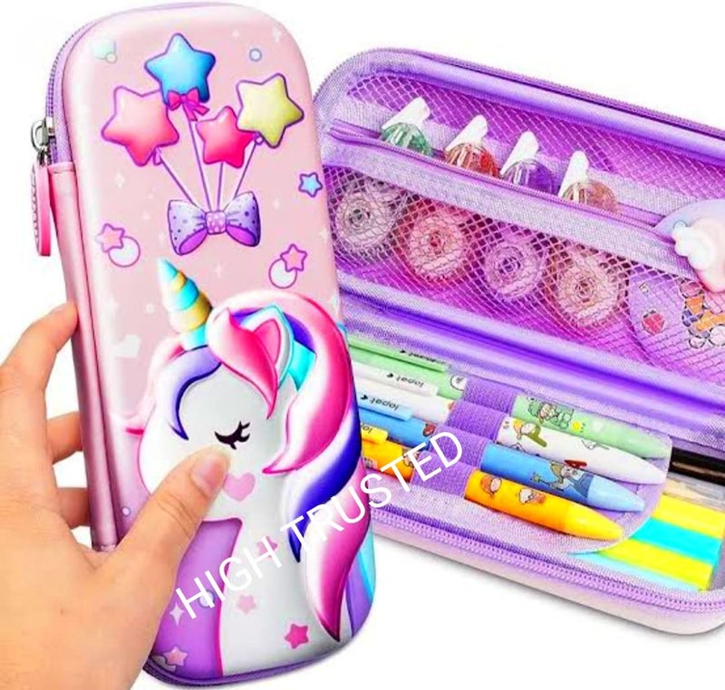 HIGH TRUSTED Polyester Large Capacity 3D Unicorn Cover Pencil Compass With Compartments, School Supply Organizer For Student, Stationery Box, Cosmetic Zip Pouch Bag - Pink - Image 2