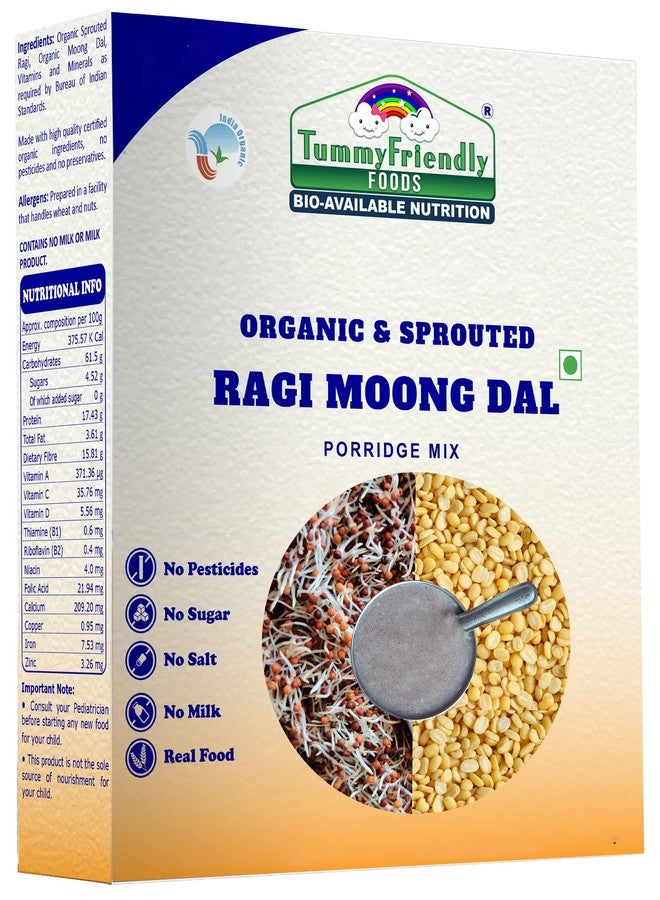 TUMMY FRIENDLY Foods Certified Organic Sprouted Ragi,Moong Dal Porridge Mix|Sprouted Ragi Powder For Babies Kids Adults,Available In Trial Baby Packs Too|Shelf Life 6 Month|200G - Image 1
