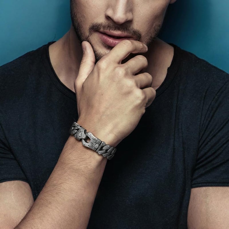 COOLSTEELANDBEYOND Mens Steel Vintage Fancy Curb Chain Bracelet with Tribal Tattoo Pattern, Retro Style, Masculine - Image 2