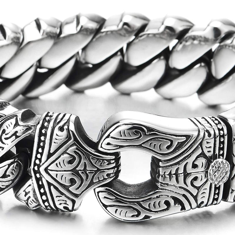 COOLSTEELANDBEYOND Mens Steel Vintage Fancy Curb Chain Bracelet with Tribal Tattoo Pattern, Retro Style, Masculine - Image 3