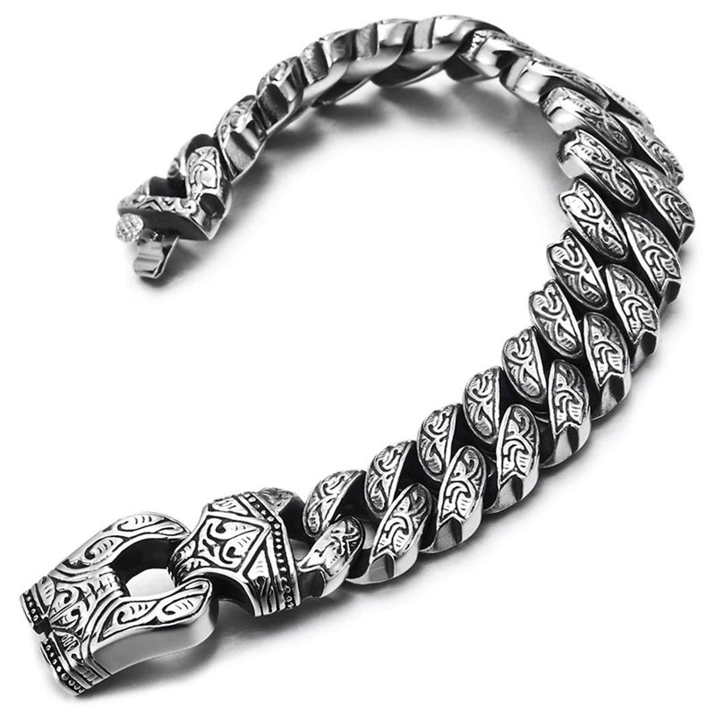 COOLSTEELANDBEYOND Mens Steel Vintage Fancy Curb Chain Bracelet with Tribal Tattoo Pattern, Retro Style, Masculine - Image 5