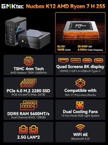 GMKtec K12 Gaming Mini PC Oculink AMD Ryzen 7 H 255 (Upgraded 8745HS) 32GB DDR5 RAM 512GB SSD, Desktop Computer Radeon 780M Graphics, 3X M.2 2280 Storage Expansion, Dual NIC 2.5G, HDMI 2.1, USB4 - Image 2