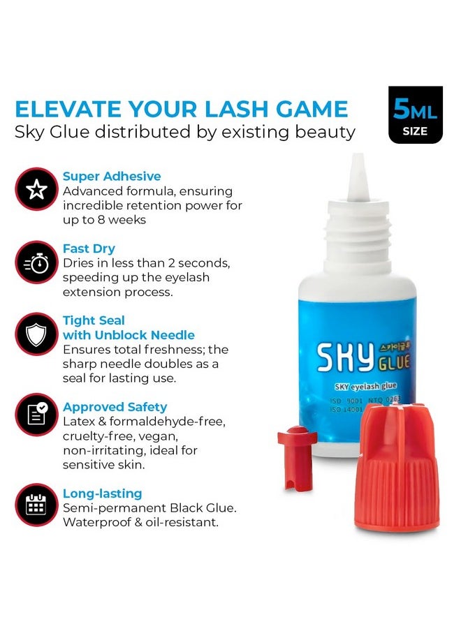 Existing Beauty - Sky Glue S+ Eyelash Extension Glue - Extra Strong Lash Extensions Adhesive Bond With 6-7 Weeks Retention And 1-2 Sec Dry Time, Long Lasting Semi Permanent Black Glue - 5 Ml - Image 1