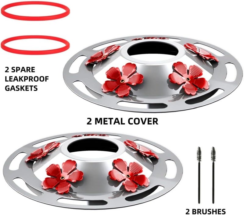 WOSIBO 2 Pack Hummingbird Feeder Bottom Base Large Metal Covers with 2Pcs Seal Rings and Brushes Hummingbird Feeder Accessories Replacement Part No Nectar Base Compatible with Glass Bottle Base (2, Silver-2) - Image 2