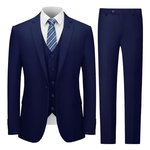 Cooper & Nelson Men's Suit Slim Fit, 3 Piece Suits for Men, One Button Solid Jacket Vest Pants with Tie, Tuxedo Set Navy L - Image 1