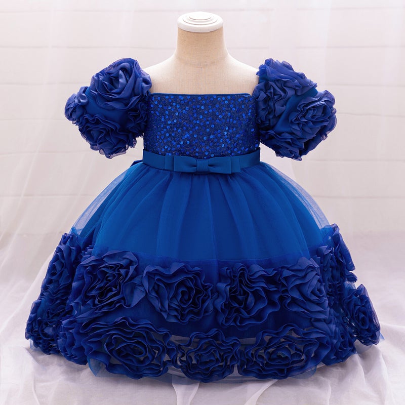 Cross-border New Girls Dress Decal Princess Dress One-year-old Dress Flower Girl Dress Bubble Sleeve Rose dress L2283XZ-color blue