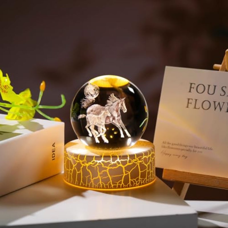 Crystal 3D Moon and 2.36in Ball Figurine Gifts for Him Husband, Collectible Glass Animal Art Sphere for Room with Warm Light Base, Keepsakes for Horse Lovers Home Decoration - Image 2