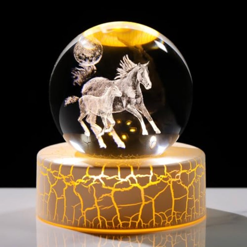 Crystal 3D Moon and 2.36in Ball Figurine Gifts for Him Husband, Collectible Glass Animal Art Sphere for Room with Warm Light Base, Keepsakes for Horse Lovers Home Decoration - Image 1
