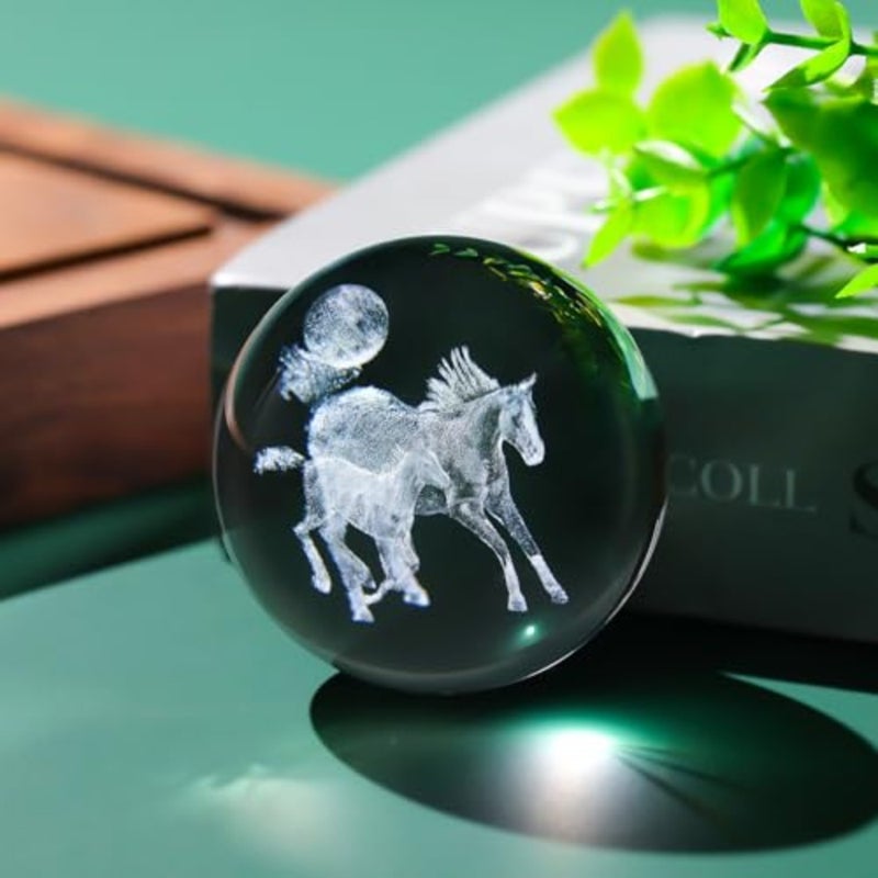 Crystal 3D Moon and 2.36in Ball Figurine Gifts for Him Husband, Collectible Glass Animal Art Sphere for Room with Warm Light Base, Keepsakes for Horse Lovers Home Decoration - Image 5
