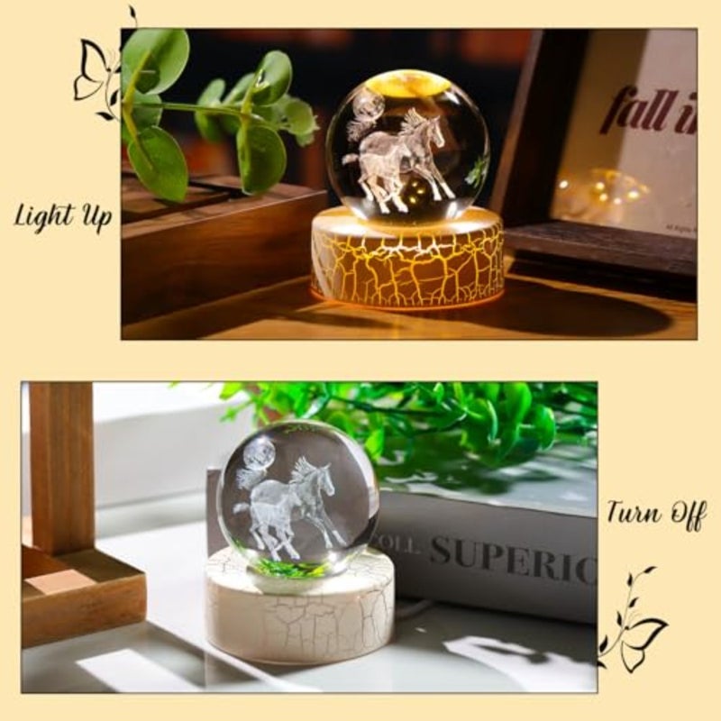 Crystal 3D Moon and 2.36in Ball Figurine Gifts for Him Husband, Collectible Glass Animal Art Sphere for Room with Warm Light Base, Keepsakes for Horse Lovers Home Decoration - Image 4