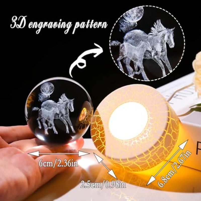 Crystal 3D Moon and 2.36in Ball Figurine Gifts for Him Husband, Collectible Glass Animal Art Sphere for Room with Warm Light Base, Keepsakes for Horse Lovers Home Decoration - Image 3