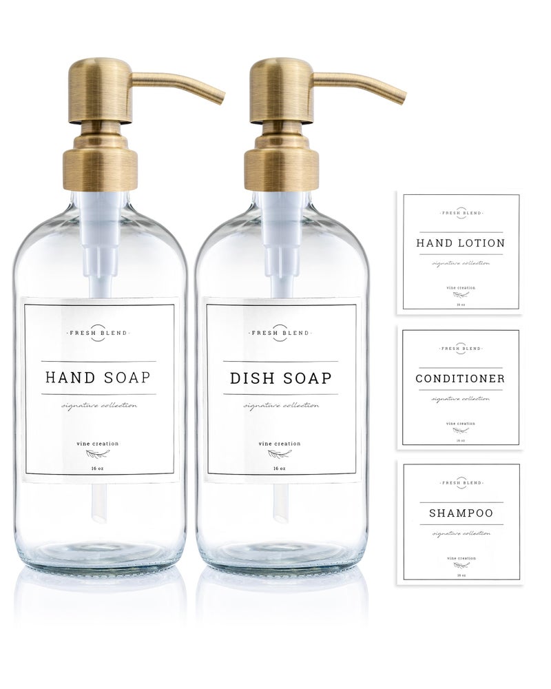 Vine Creations Clear Glass Soap Dispenser 2 Pack Kitchen Soap Dispenser Set with Stainless Steel Pump 16 oz Dish Soap and Hand Soap Dispensers for Bathroom with Waterproof Labels