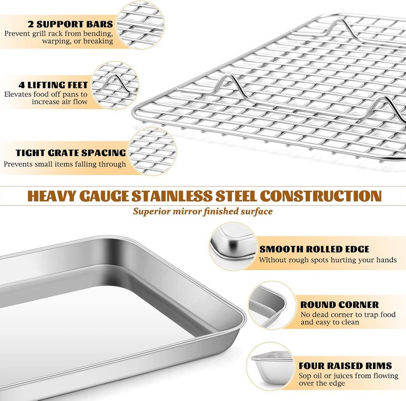 E-far Small Stainless Steel Baking Sheet with Rack Set, 9”x6.7” Cookie Sheet Broiling Pan for Toaster Oven, Rimmed Metal Tray with Wire Rack for Cooking/Baking/Cooling, Non-toxic & Dishwasher Safe - Image 3