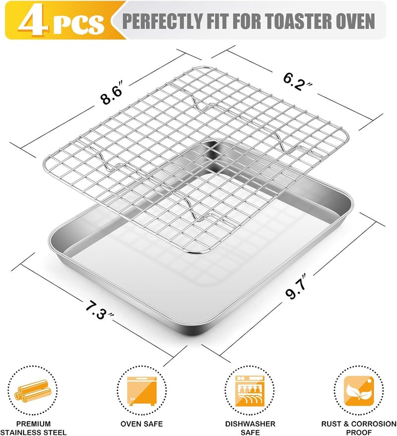 E-far Small Stainless Steel Baking Sheet with Rack Set, 9”x6.7” Cookie Sheet Broiling Pan for Toaster Oven, Rimmed Metal Tray with Wire Rack for Cooking/Baking/Cooling, Non-toxic & Dishwasher Safe - Image 2