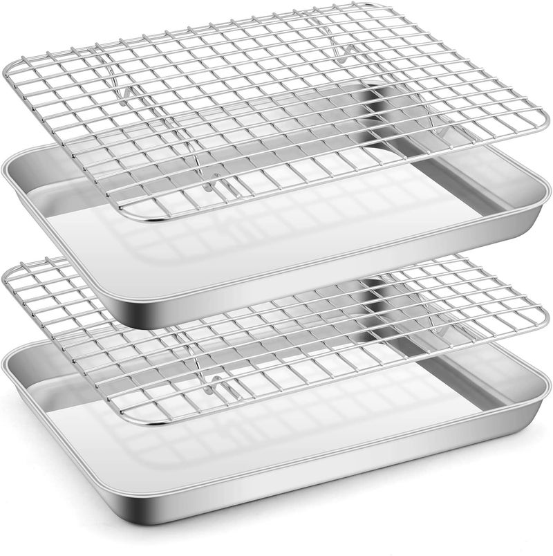E-far Small Stainless Steel Baking Sheet with Rack Set, 9”x6.7” Cookie Sheet Broiling Pan for Toaster Oven, Rimmed Metal Tray with Wire Rack for Cooking/Baking/Cooling, Non-toxic & Dishwasher Safe - Image 1
