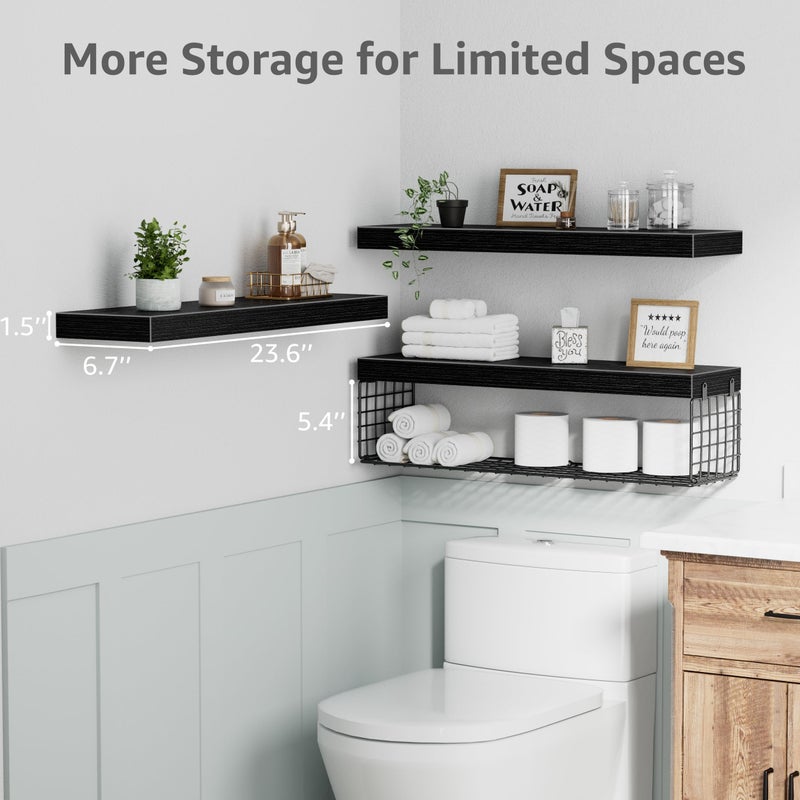 QEEIG Bathroom Shelves 24 inches Long - Floating Shelf for Wall Over Toilet Paper Storage Basket Farmhouse Set of 3, Black (019-60B3) - Image 3