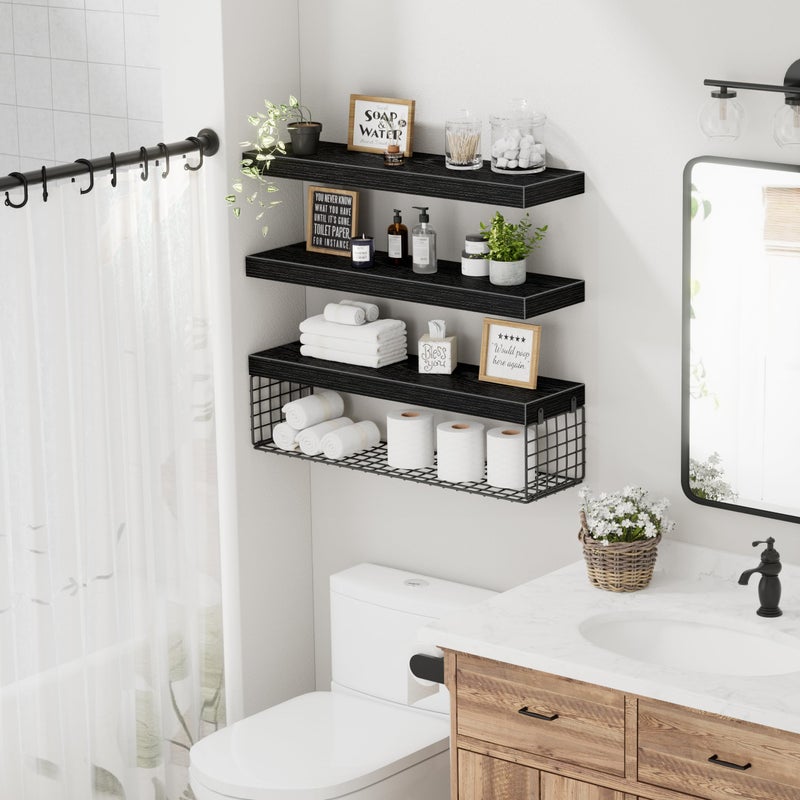 QEEIG Bathroom Shelves 24 inches Long - Floating Shelf for Wall Over Toilet Paper Storage Basket Farmhouse Set of 3, Black (019-60B3) - Image 4