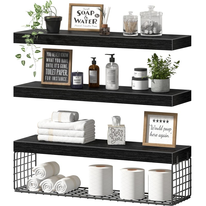 QEEIG Bathroom Shelves 24 inches Long - Floating Shelf for Wall Over Toilet Paper Storage Basket Farmhouse Set of 3, Black (019-60B3) - Image 1