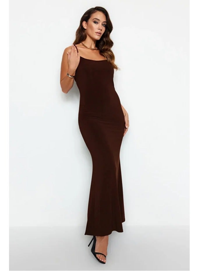 trendyol Brown Fitted Strap Maxi Flexible Knitted Pencil Dress - Image 1