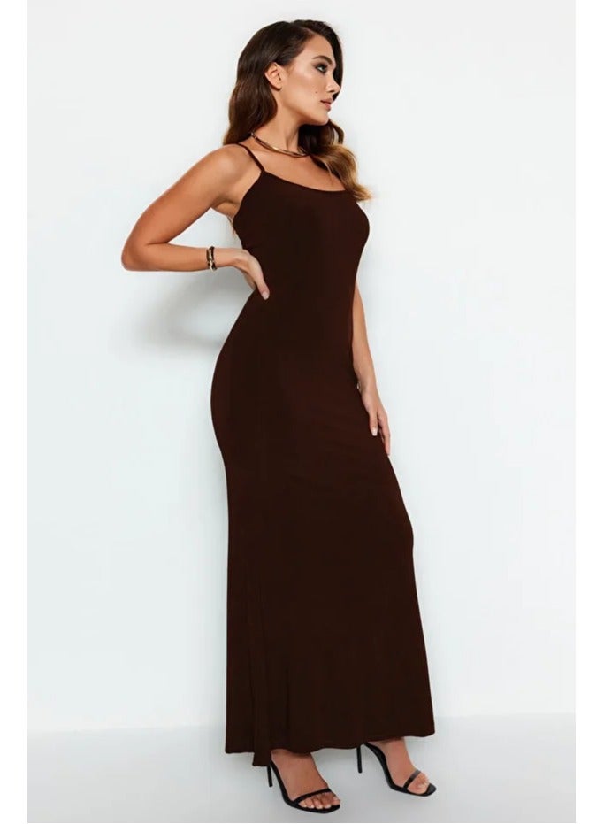trendyol Brown Fitted Strap Maxi Flexible Knitted Pencil Dress - Image 2