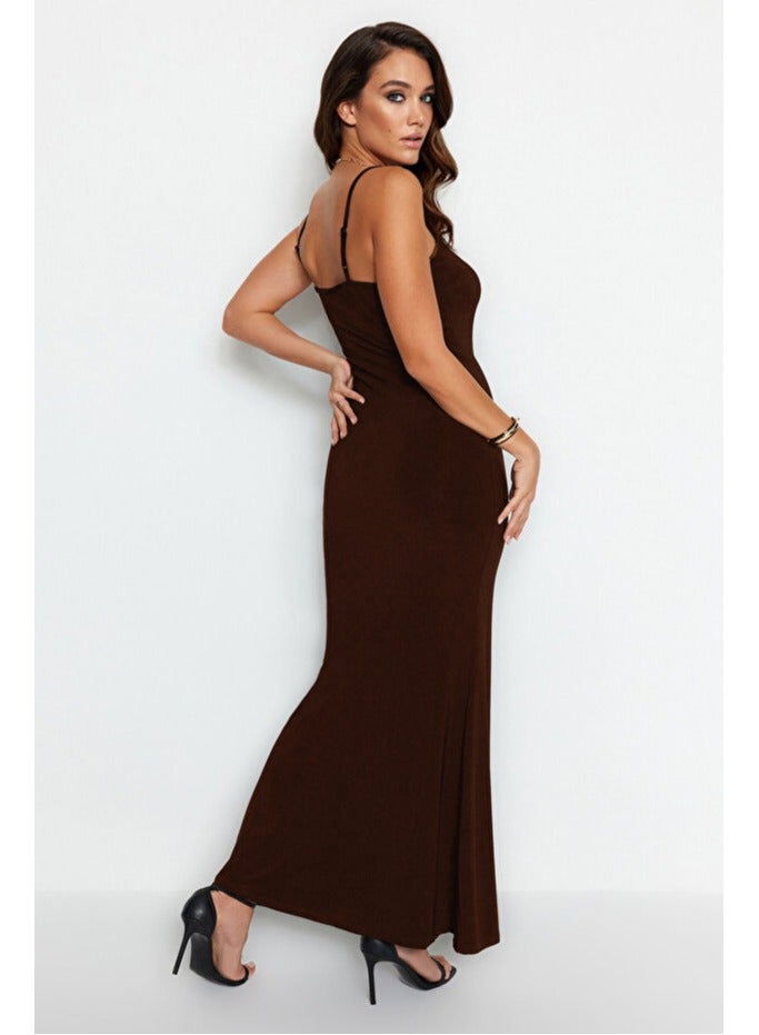trendyol Brown Fitted Strap Maxi Flexible Knitted Pencil Dress - Image 4