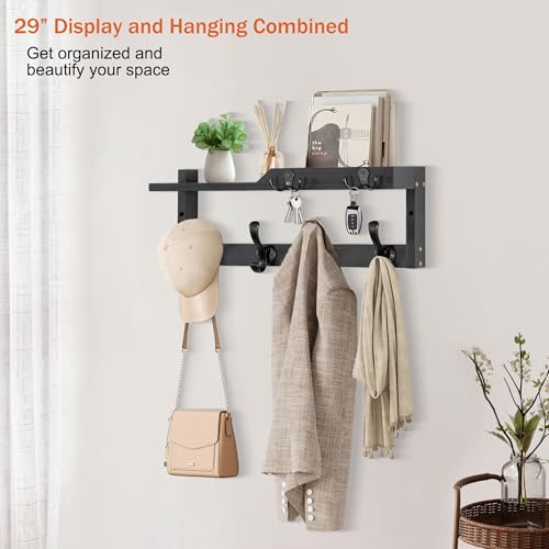 dreampossible Coat Rack Wall Mount with Shelf, Coat Hanger Wall Mount with Key Hooks and Mail Holder, Wood Entryway Floating Shelf with Hooks and Storage, Hat Rack for Wall Key Holder Mail Organizer - Image 5