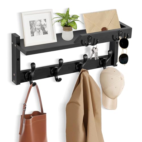 dreampossible Coat Rack Wall Mount with Shelf, Coat Hanger Wall Mount with Key Hooks and Mail Holder, Wood Entryway Floating Shelf with Hooks and Storage, Hat Rack for Wall Key Holder Mail Organizer - Image 1