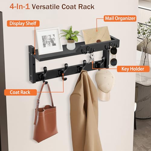dreampossible Coat Rack Wall Mount with Shelf, Coat Hanger Wall Mount with Key Hooks and Mail Holder, Wood Entryway Floating Shelf with Hooks and Storage, Hat Rack for Wall Key Holder Mail Organizer - Image 4