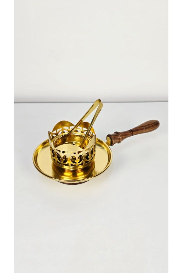 Damanhoor Premium Gold Plated Incense Bakhoor Burner with Wooden Handle & Safety Tong  High Quality Steel