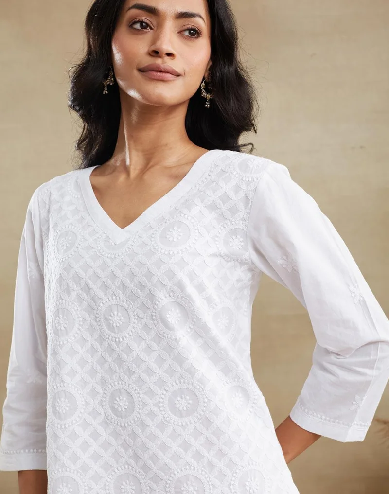 Fabindia  White Cotton Chikankari Short Kurta for Women | Best Price UAE