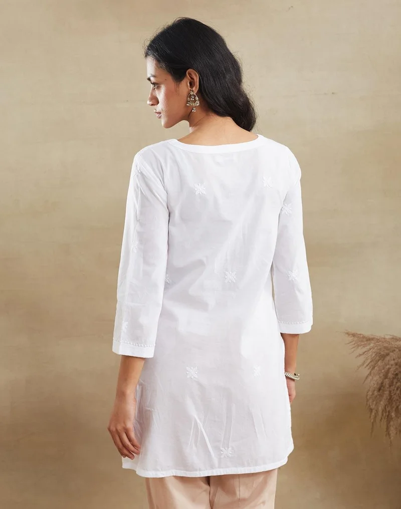 فاب انديا White Cotton Chikankari Short Kurta