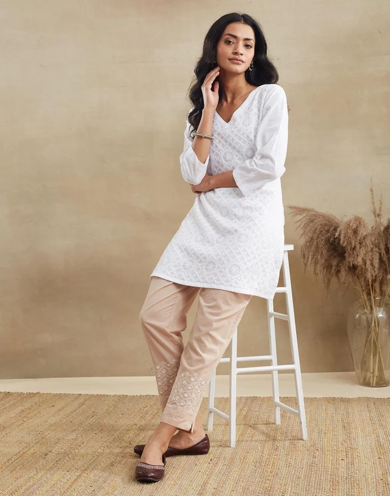 Fabindia  White Cotton Chikankari Short Kurta for Women | Best Price UAE