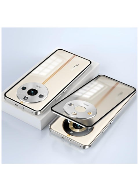 Case Compatible with Realme 11 Pro Plus, Magnetic Metal Frame+Matte Translucent Tempered Glass Back, Non Slip Shockproof Case with Camera Protector