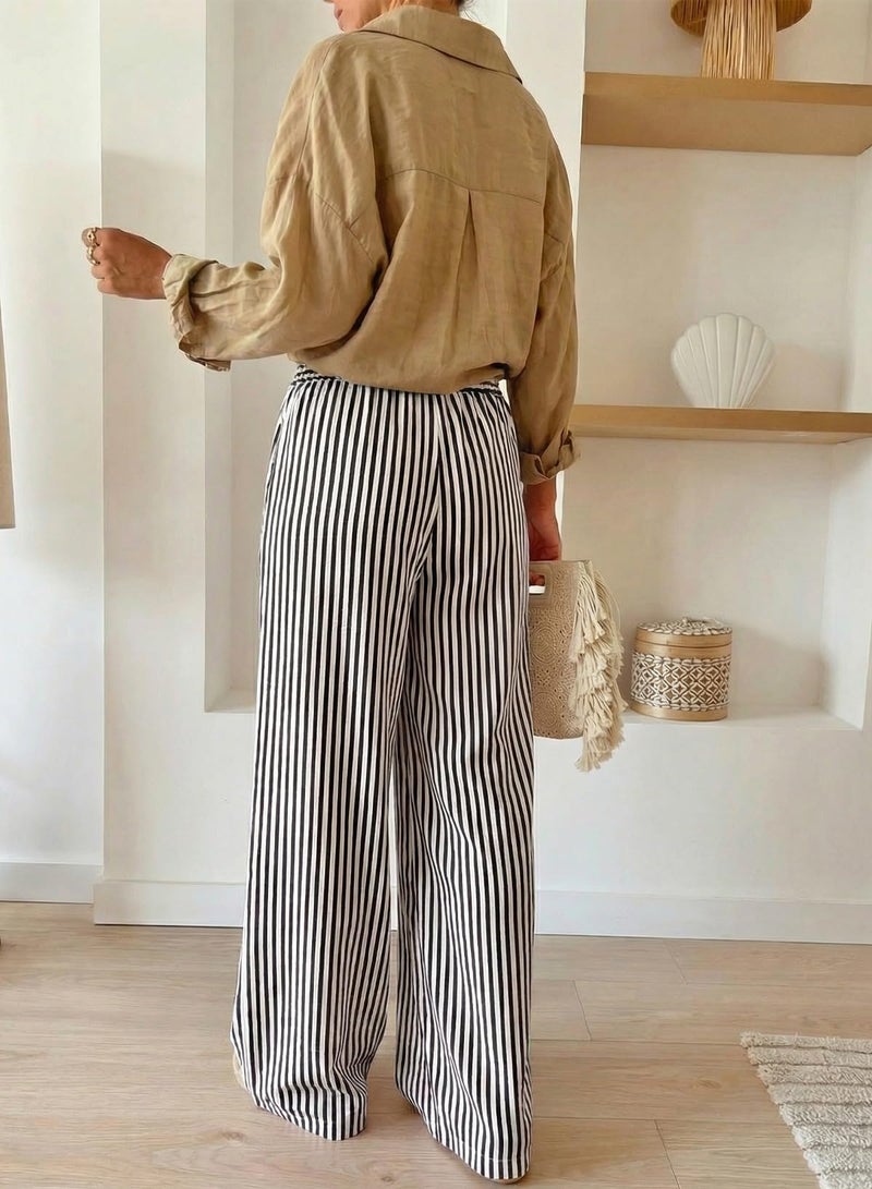 Acelitt Women Casual Striped Wide Leg Pants Drawstring Elastic High Waisted 2026 Summer Fashion Beach Pants Trousers with Pockets Black X-Small - Image 3