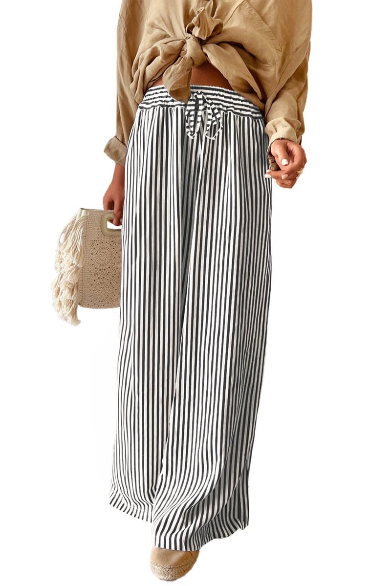 Acelitt Women Casual Striped Wide Leg Pants Drawstring Elastic High Waisted 2026 Summer Fashion Beach Pants Trousers with Pockets Black X-Small - Image 1