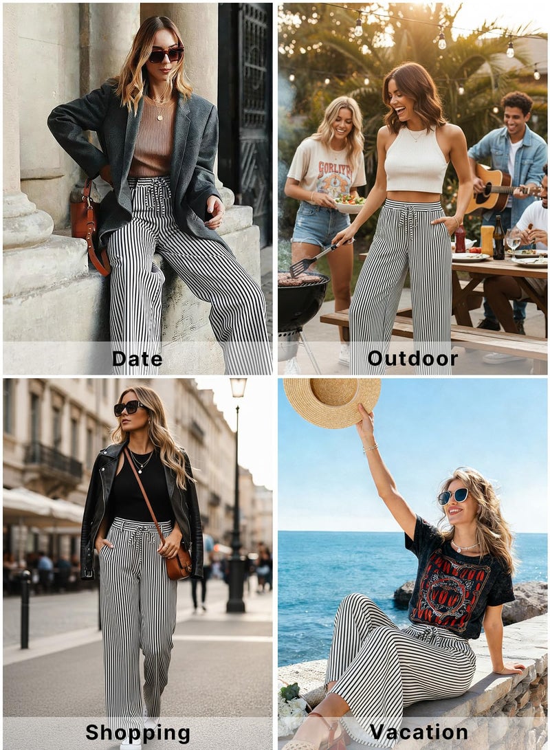 Acelitt Women Casual Striped Wide Leg Pants Drawstring Elastic High Waisted 2026 Summer Fashion Beach Pants Trousers with Pockets Black X-Small - Image 4