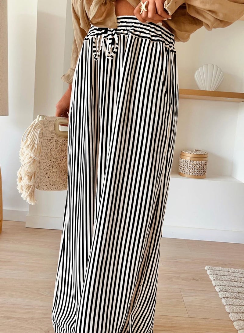 Acelitt Women Casual Striped Wide Leg Pants Drawstring Elastic High Waisted 2026 Summer Fashion Beach Pants Trousers with Pockets Black X-Small - Image 2