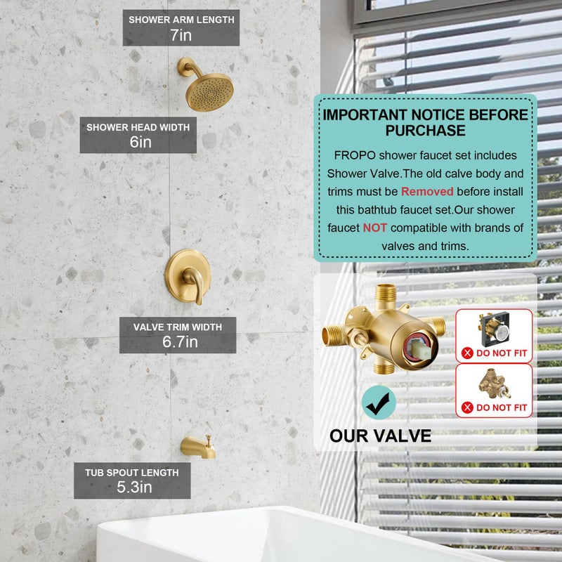 FROPO Brushed Gold Shower Tub Faucet Set With Valve - Gold Shower Head and Handle Set, Shower Faucet Set With 6 Inch Rain shower Head and Tub Spout, High-Pressure Tub Shower Trim Kit - Image 2