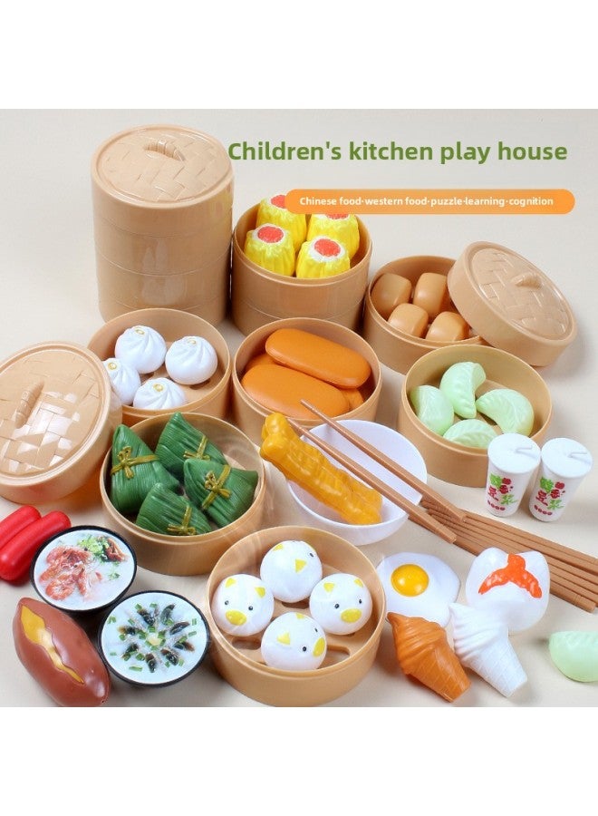 Children's Play House Kitchen Toys Baby Breakfast Chinese And Western Food Simulation Food Steamer Cooking Set A Generation Of Hair-Color:Early 54-piece Set - Image 2