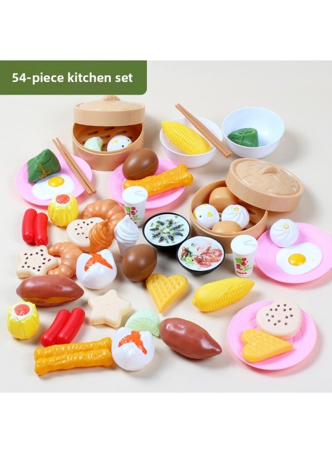 Children's Play House Kitchen Toys Baby Breakfast Chinese And Western Food Simulation Food Steamer Cooking Set A Generation Of Hair-Color:Early 54-piece Set - Image 1