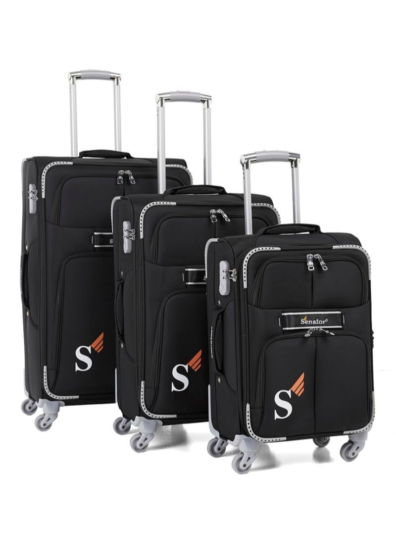 Soft Shell Trolley Luggage Set of 3 Pcs For Unisex Ultra Lightweight Expandable Suitcase With 4 Wheels LL003 Black