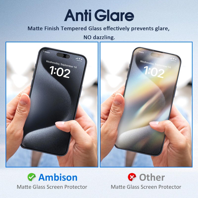Ambison [2 Pack Matte Glass Screen Protector Compatible with iPhone 15 Pro Max, Dynamic Island Compatible/Anti-Glare [No Bubbles] Install Frame/Smooth as Silk, iPhone 15 Pro Max 6.7inch 2023 - Image 3