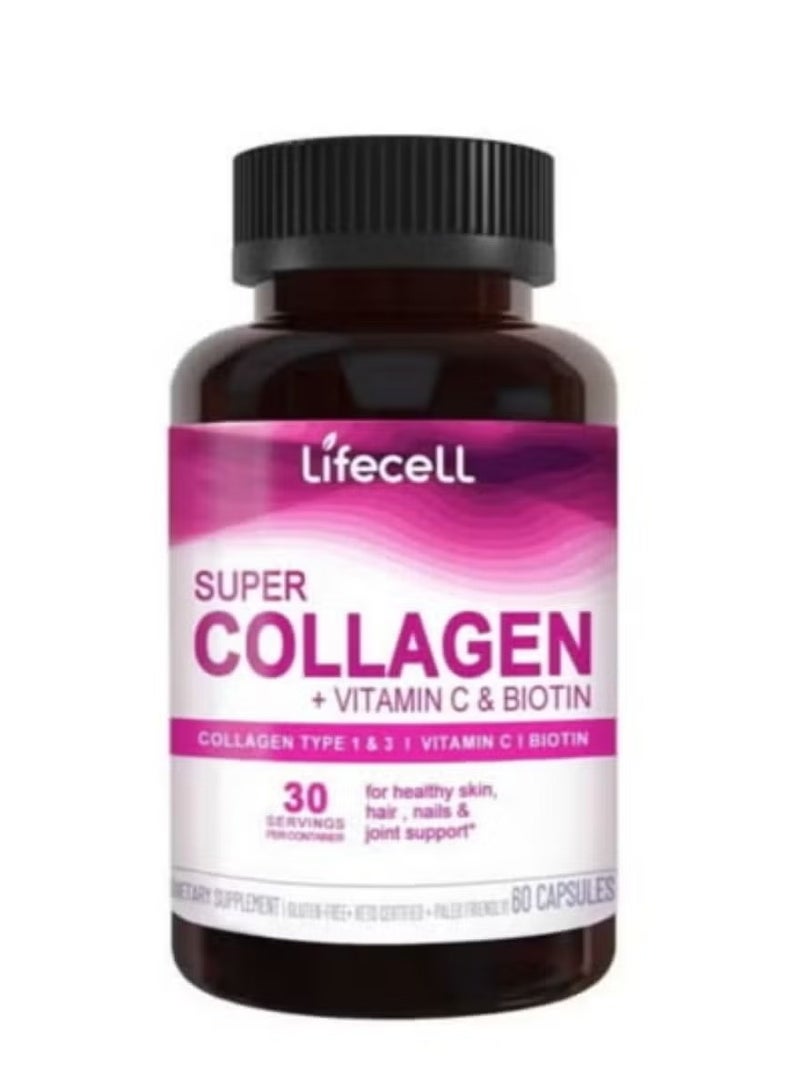 Lifecell Super Collagen Peptides + Vitamin C & Biotin, 3g Collagen Per Serving, Gluten Free, Promotes Healthy Hair, Beautiful Skin, and Nail Support, Dietary Supplement, 60 CAPSULES - Image 1