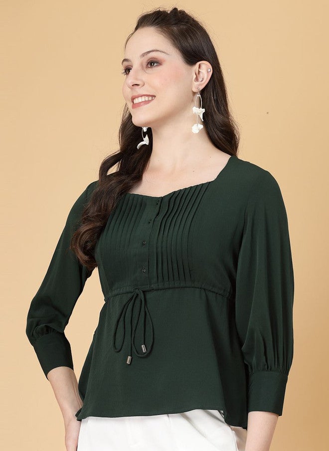 RAASSIO بلوزة خضراء سادة بأكمام مكفوفة للنساء - Image 5