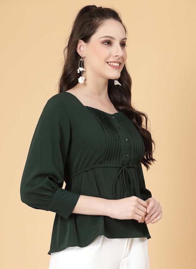 RAASSIO بلوزة خضراء سادة بأكمام مكفوفة للنساء - Image 4